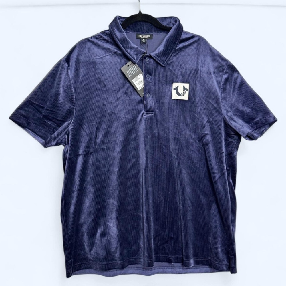 NWT True Religion XL Mens Velour Corduroy‎ Polo Shirt Y2K Streetwear Ribbed Blue